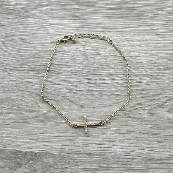 Cross Bracelet Delicate Gold Chain Rhinestone Christian Jewelry Dainty Womens - Picture 2 of 5